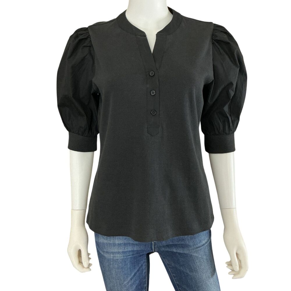 Quince Womens Mixed Media Puff Sleeve Top sz M Black Short Sleeve Buttons V-Neck